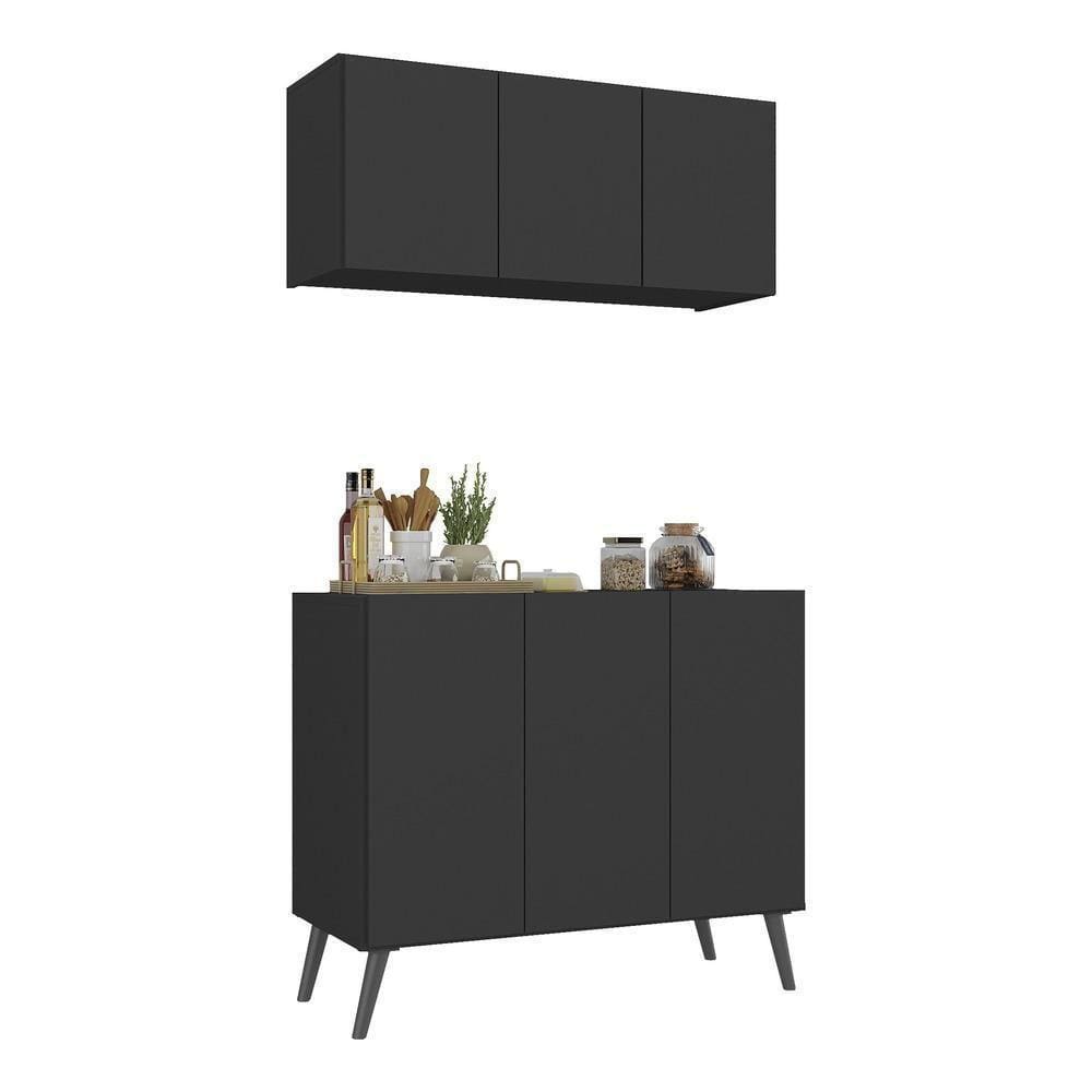 Kit Armário De Cozinha Aéreo E Balcão 3 Portas Retrô Multimóveis Mp2168 Preto Preto