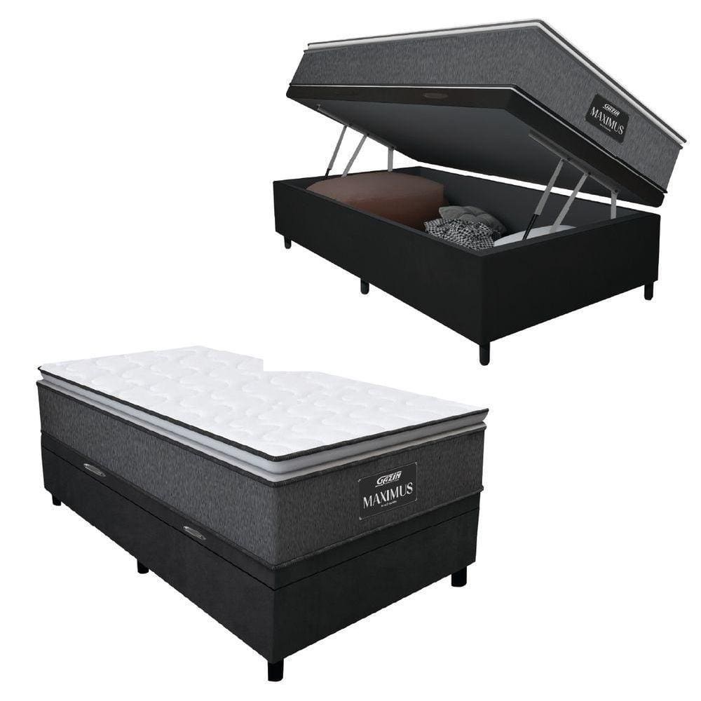 Cama Box Baú Solteiro Colchão Molas Ensacadas Pillow Top Maximus 88x188x69cm Cinza / Preto Gazin