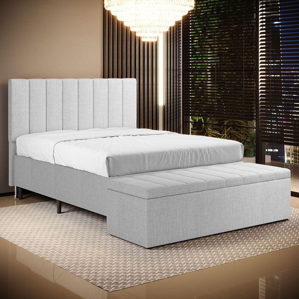 Cabeceira Nashira e Calçadeira Navi 140 para Cama de Casal N-040 Linho Cinza Claro Aradecor
