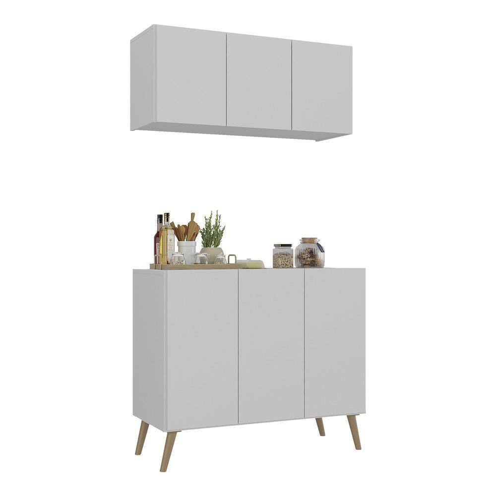 Kit Armário De Cozinha Aéreo E Balcão 3 Portas Retrô Multimóveis Mp2168 Branco/natural