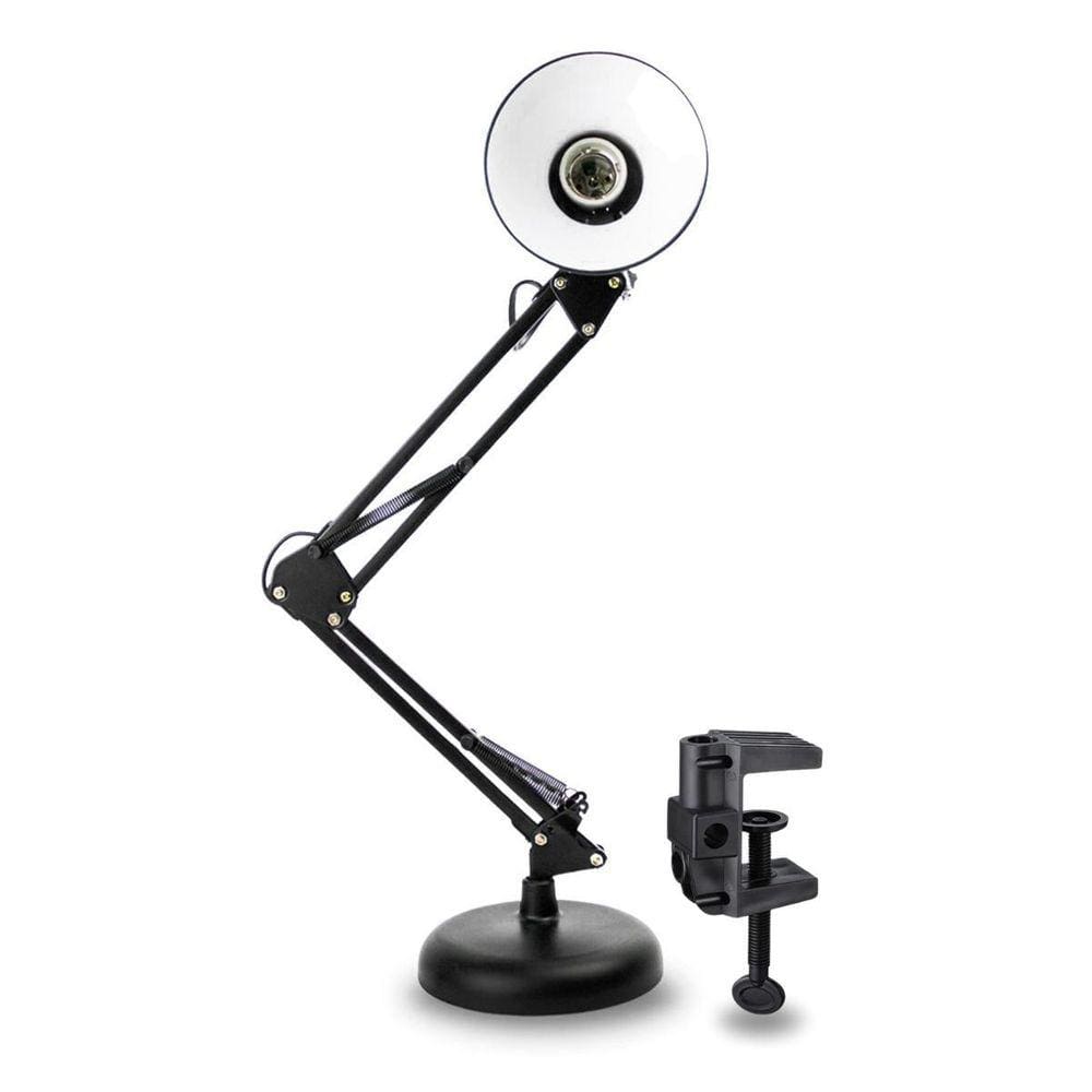 Luminária E27 Abajur Articulável Com Base E Garra Mesa Preto