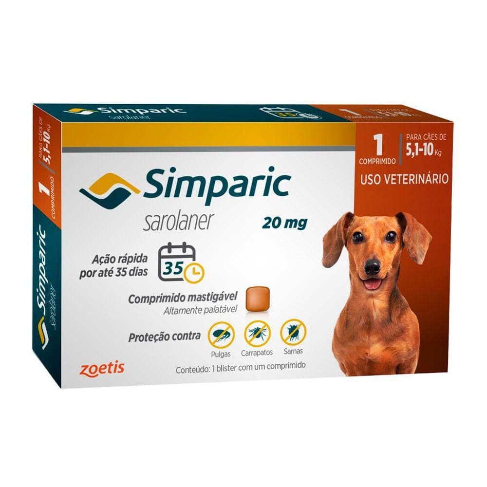 Simparic 20mg para Cães de 5,1 a 10kg com 1 Comprimido Mastigável