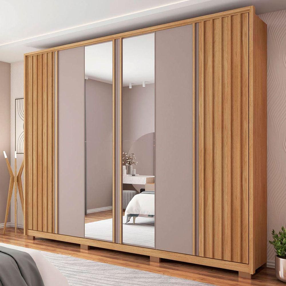 Guarda-Roupa Casal Apollo 6 Portas 4 Gavetas com Espelho Marrom/Cinza 8002200106 - Caemmun