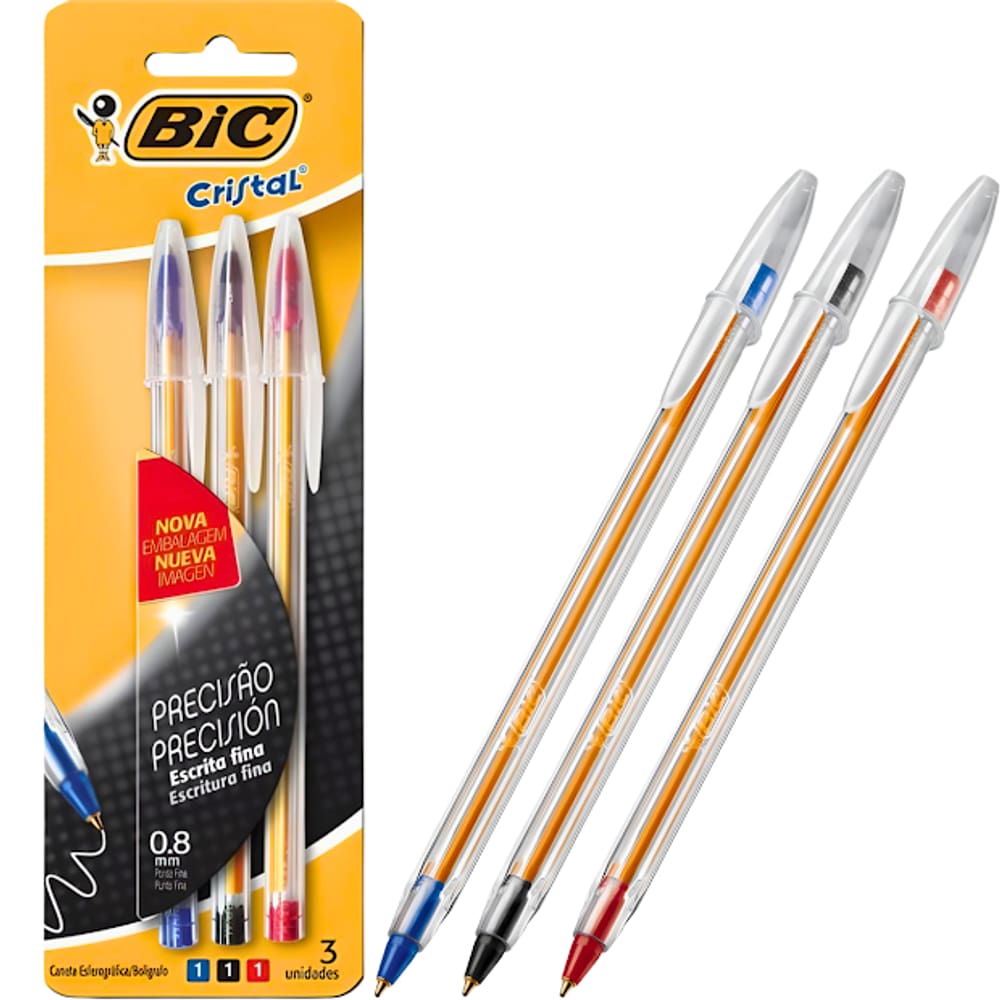 Caneta Esferográfica Cristal Fina Azul/Vermelho/Preto Bic
