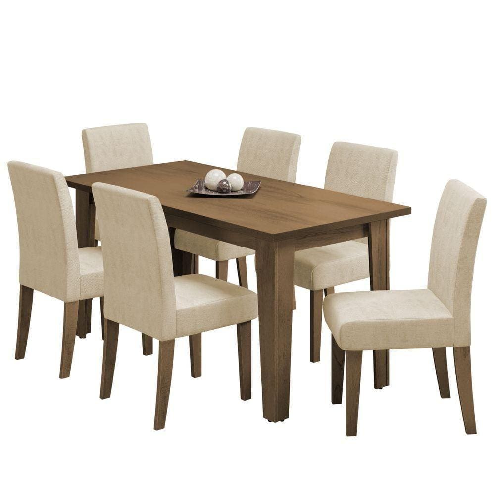 Conjunto De Mesa Sala De Jantar Miami Com 6 Cadeiras Trieste Suede 1,60m Cedro / Areia Dobuê Cedro