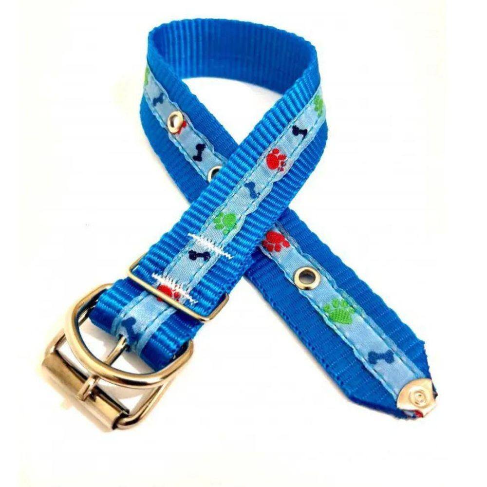 Coleira Nylon Pra Cachorro Nicapet Cor Azul Nº 6 Pata Osso