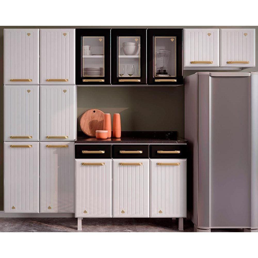Kit de Cozinha Compacta Diamante Smart Aço 4 Peças (2Aéreo+1Balcão+1Paneleiro) CZ72 Branco/Preto - Telasul