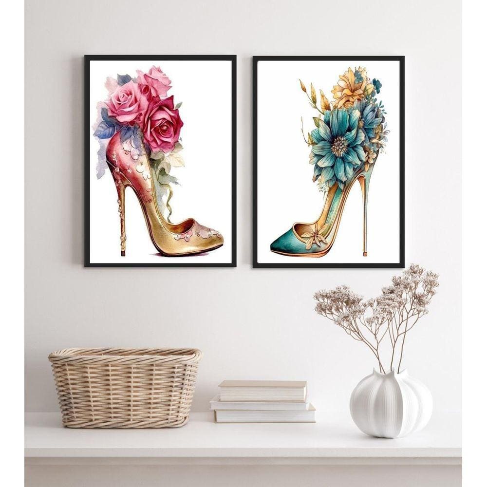Kit 2 Quadros Sapatos De Salto Com Flores 33X24Cm