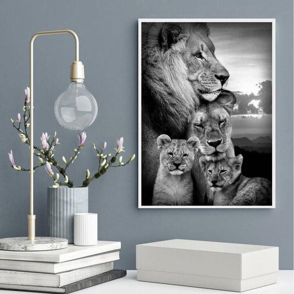 Quadro Decorativo Família De Leões- Preto E Branco 33X24Cm
