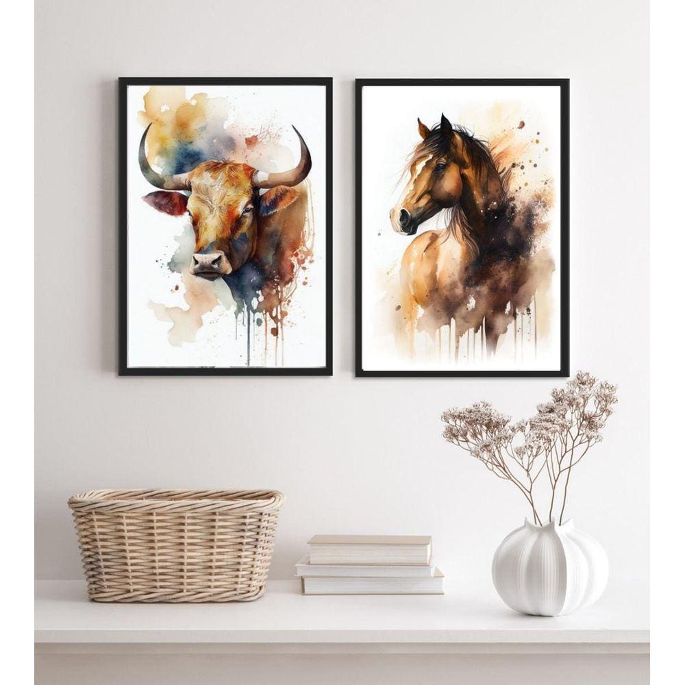 Kit 2 Quadros Para Fazenda Boi E Cavalo Aquarela 33X24Cm