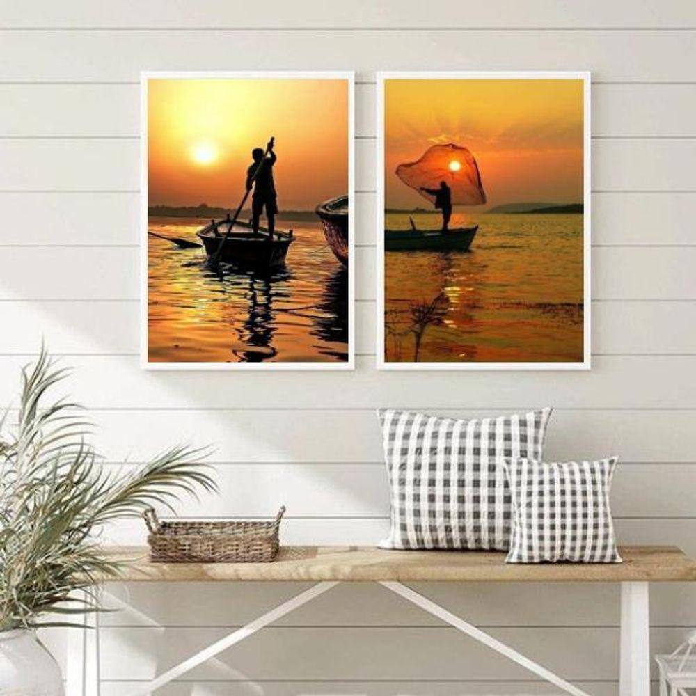 Kit 2 Quadros Decorativos Pescadores- Por Do Sol 24X18Cm