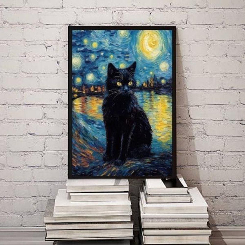 Quadro Decorativo Cat Night Starry Art 24X18Cm - Com Vidro
