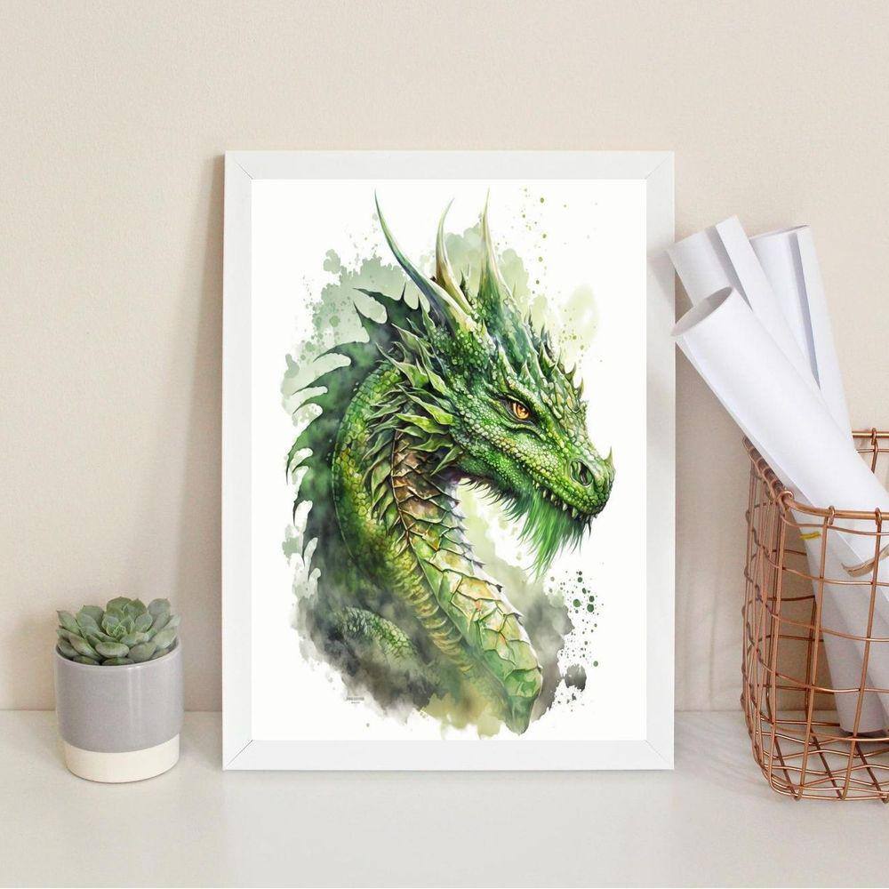 Quadro Decorativo Aquarela Dragão Verde 24X18Cm