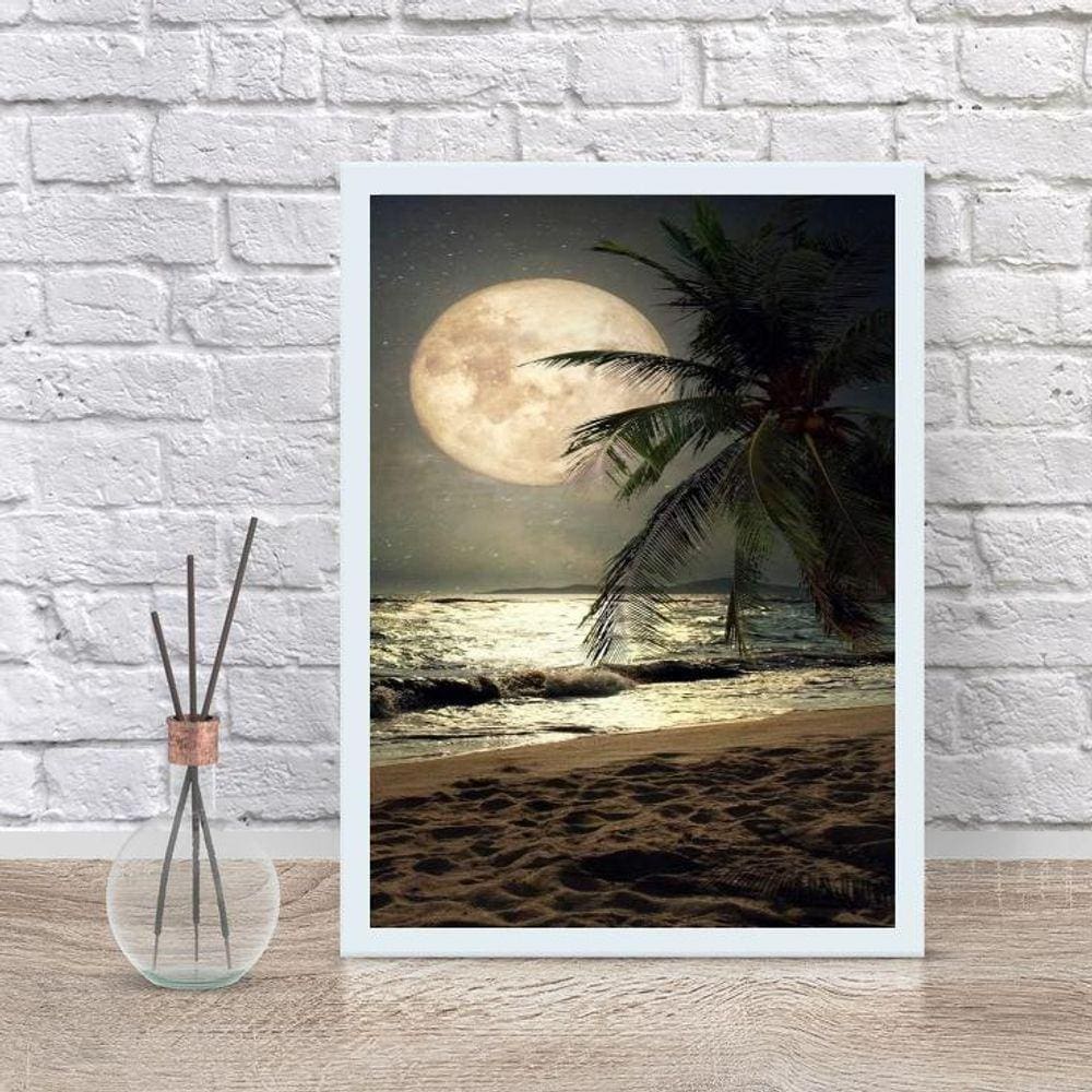 Quadro Decorativo Praia Com Lua Cheia 45X34Cm