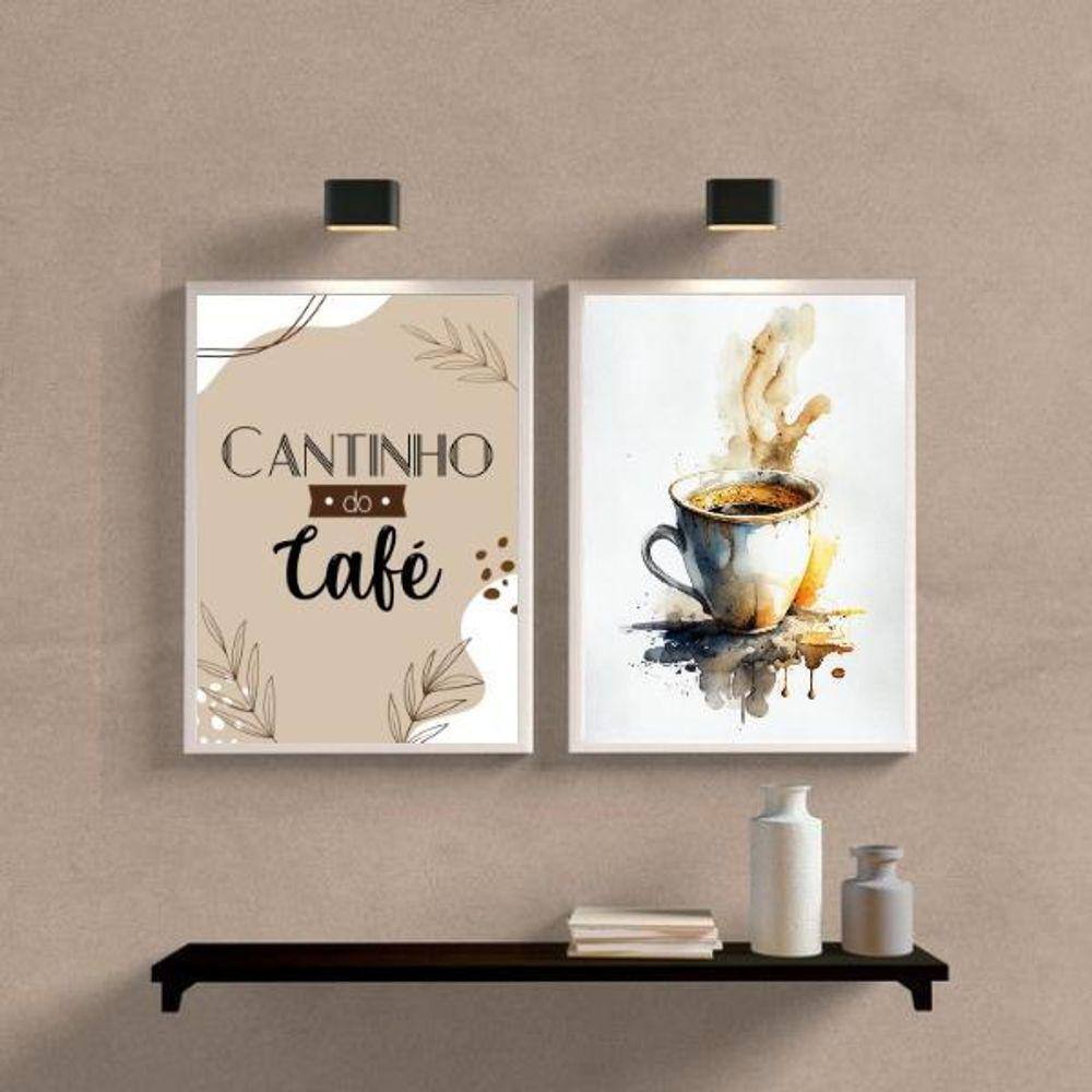 Kit 2 Quadros Cantinho Do Café- Aquarela 33X24Cm - Com Vidro