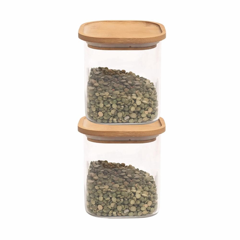 2 Pote Hermético Vidro Bambu 800Ml Mantimentos Alimentos