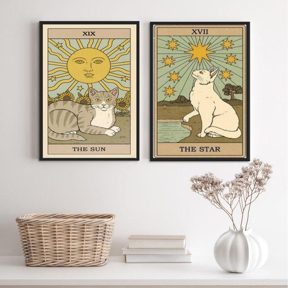 Kit 2 Quadros Cartas Tarot Gato- The Sun E The Star 24X18Cm