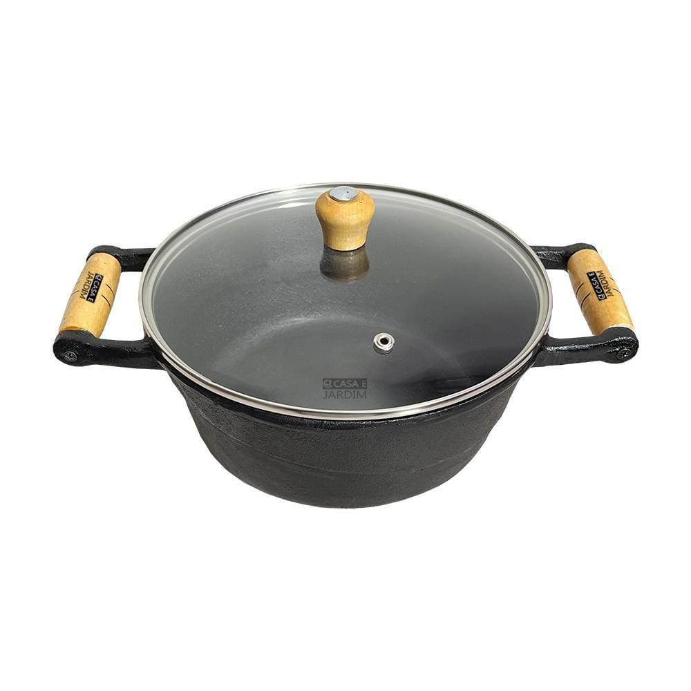 Panela Caçarola Ferro Alça Madeira Tampa Vidro 24cm 3,4L