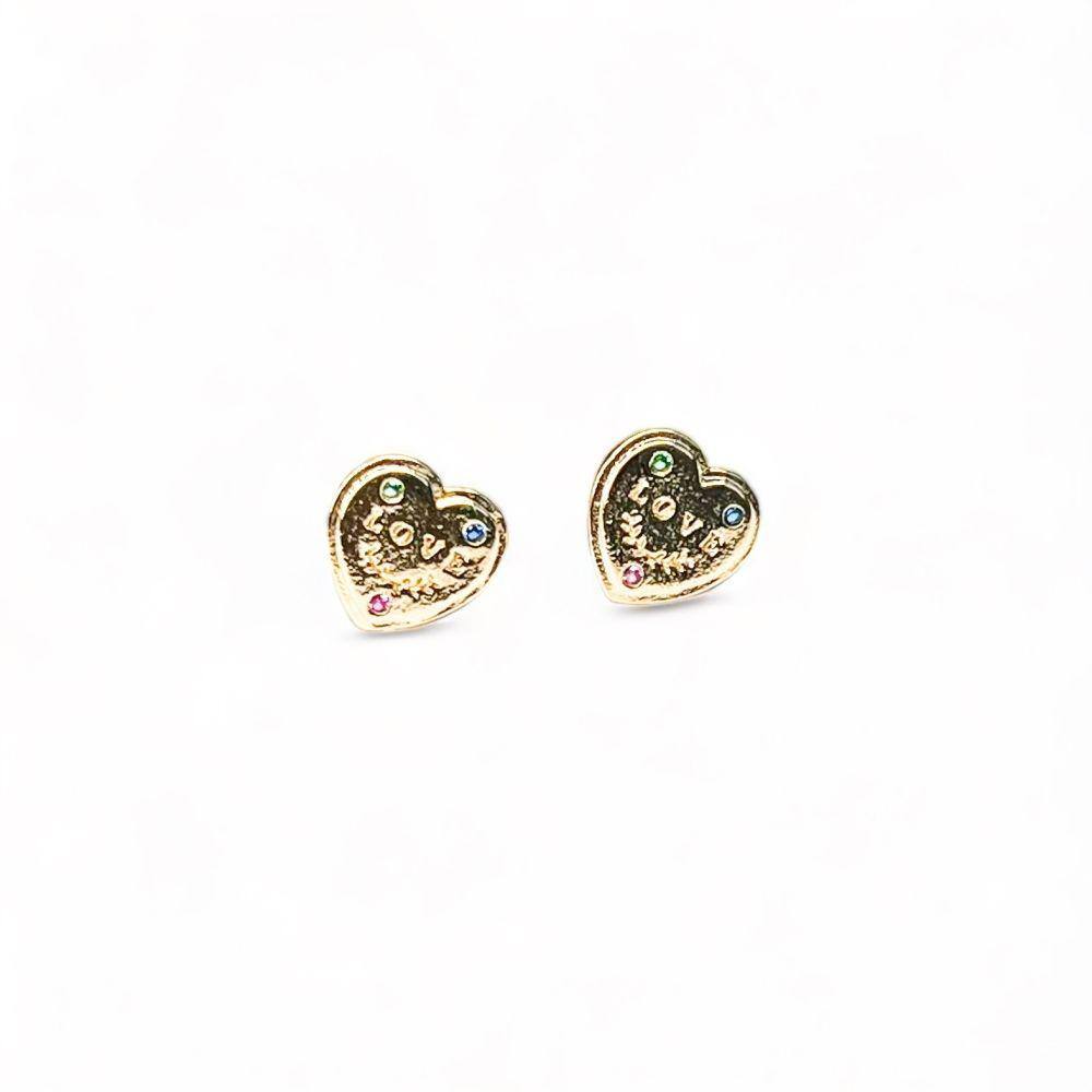 Brinco Feminino De Coração Love Com Pedras Coloridas Folheados a Ouro 18k