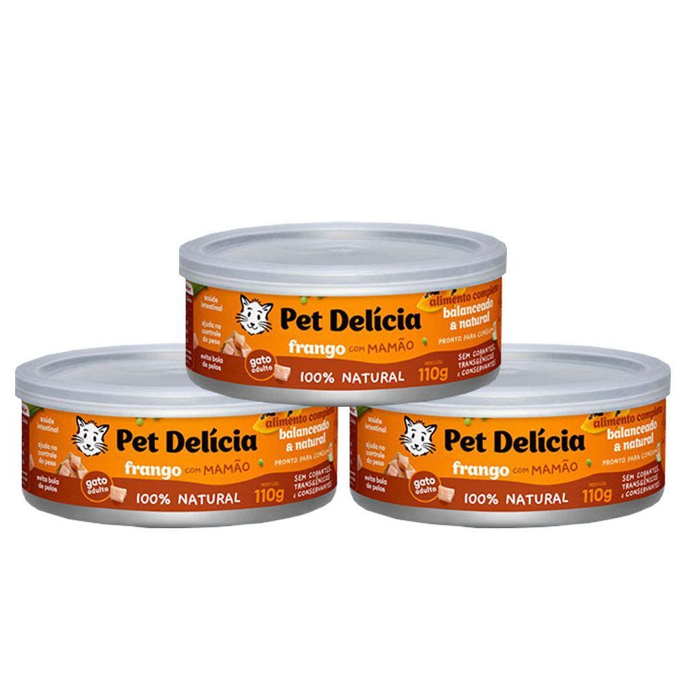 KIT 3 Ração Úmida Pet Delícia Gatos Frango com Mamão 110g