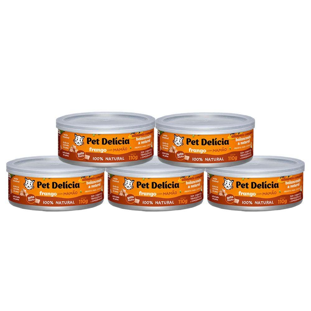 KIT 5 Ração Úmida Pet Delícia Gatos Frango com Mamão 110g