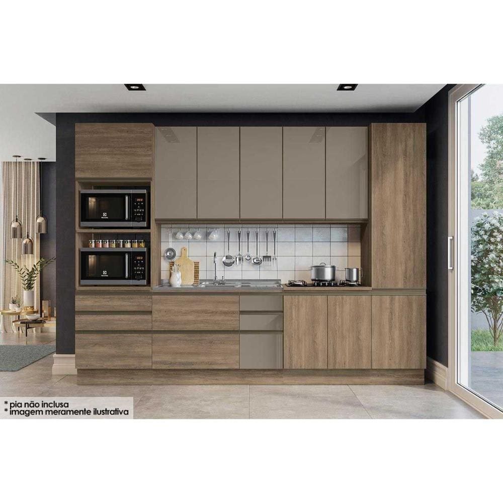 Kit de Cozinha 7 Peças Maxxi (2 Armários + 2 Balcões+ 1 Torre Quente + 1 Paneleiro + 1 Complemento) CZ260 Nogal - Kappesberg