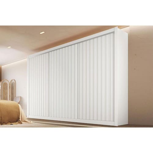 imagem-Guarda Roupas 3 Portas de Correr  Ripada e 6 Gavetas York Branco Acetinado - Europa - Blush