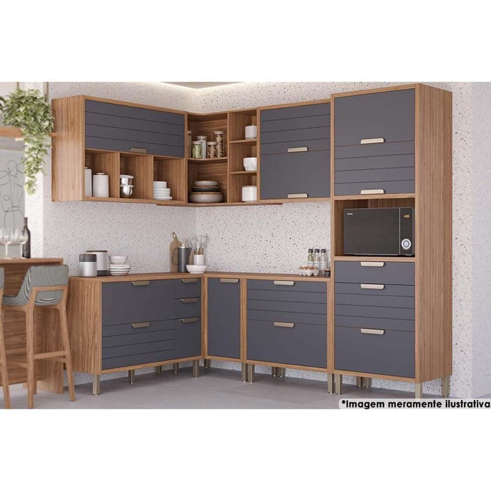 Cozinha Completa Eloise 7 Peças (3Aéreos+3Balcões+1Paneleiro) CZ029 Freijo/Titanium - MGM