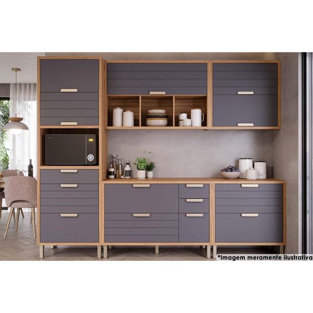 Cozinha Completa Eloise 5 Peças (2Aéreos+2Balcões+1Paneleiro) CZ024 Freijo/Titanium - MGM