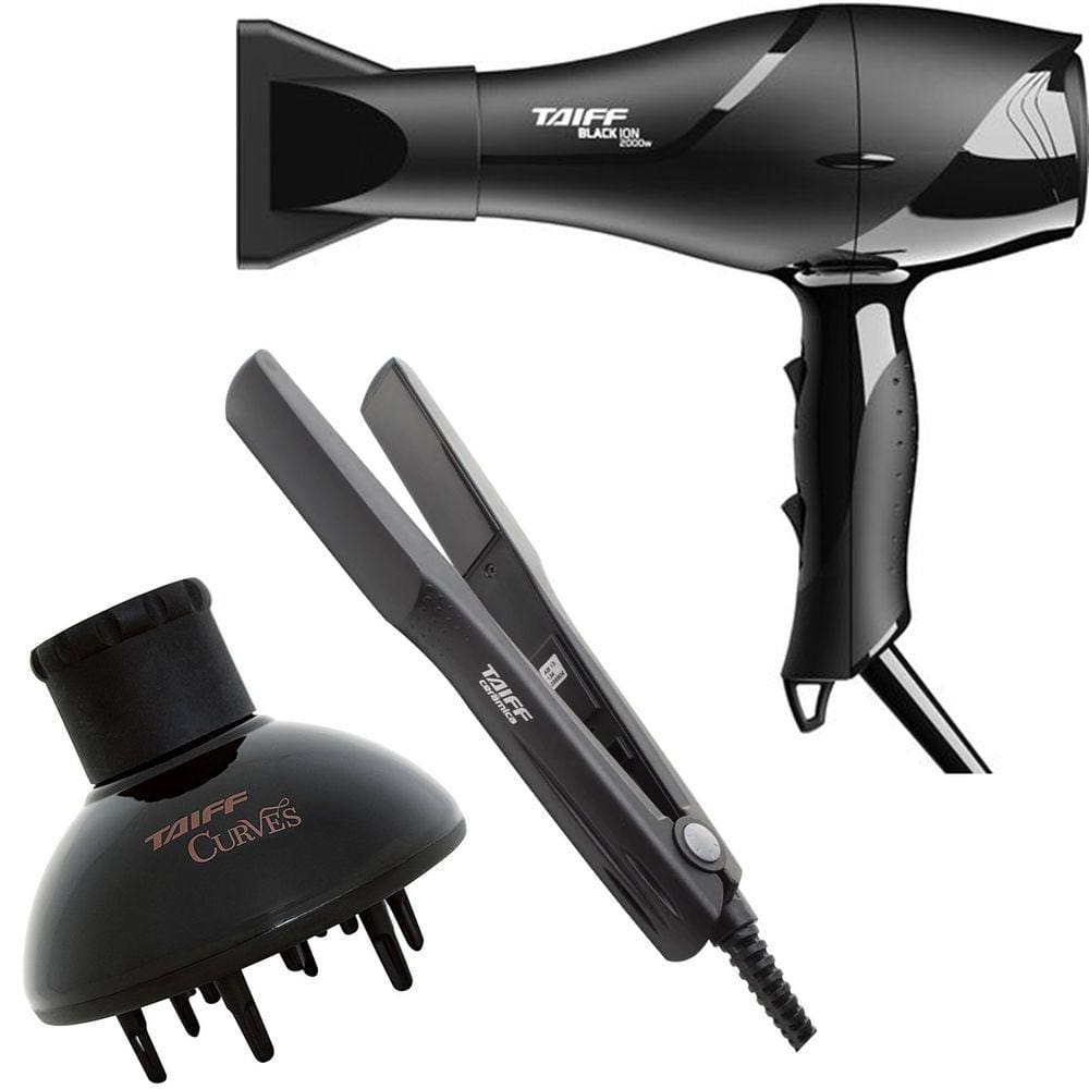 Kit Taiff - Secador Black Ion 2000W 220V + Prancha Ceramica 180°C + Difusor De Ar Curves