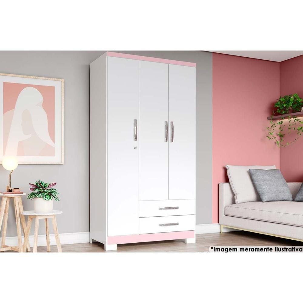 Guarda Roupa Solteiro 3 Portas e 2 Gavetas c/ Pés Açaí DA133 Branco/Rosa - Henn