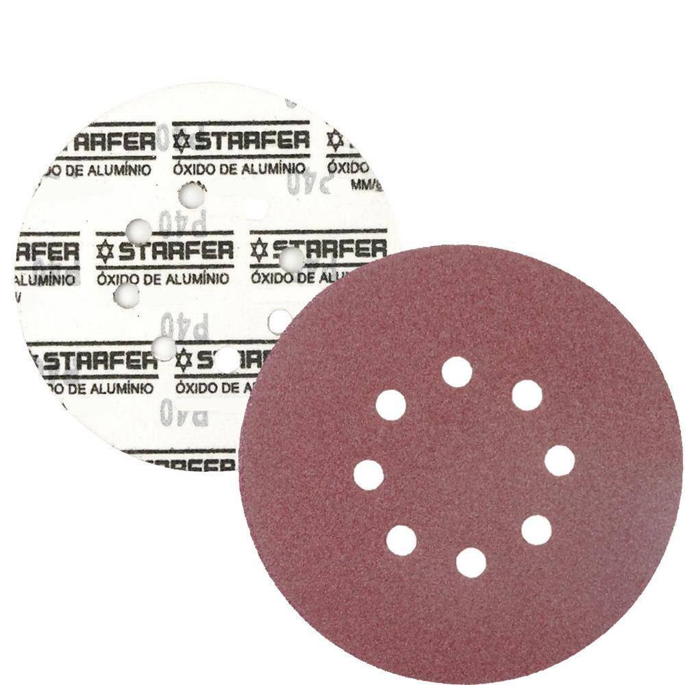 Kit 50 Disco de Lixa Fecho Aderente Vermelho Pluma 8 Furos 180mm Grão 80 - Starfer