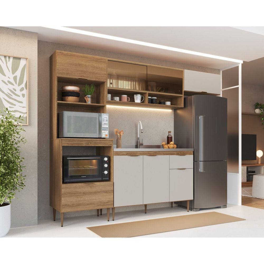 Cozinha Modular com Porta de Vidro Reflecta e Torre Quente para 2 Fornos Veneza Espresso Móveis Mel/Arenas