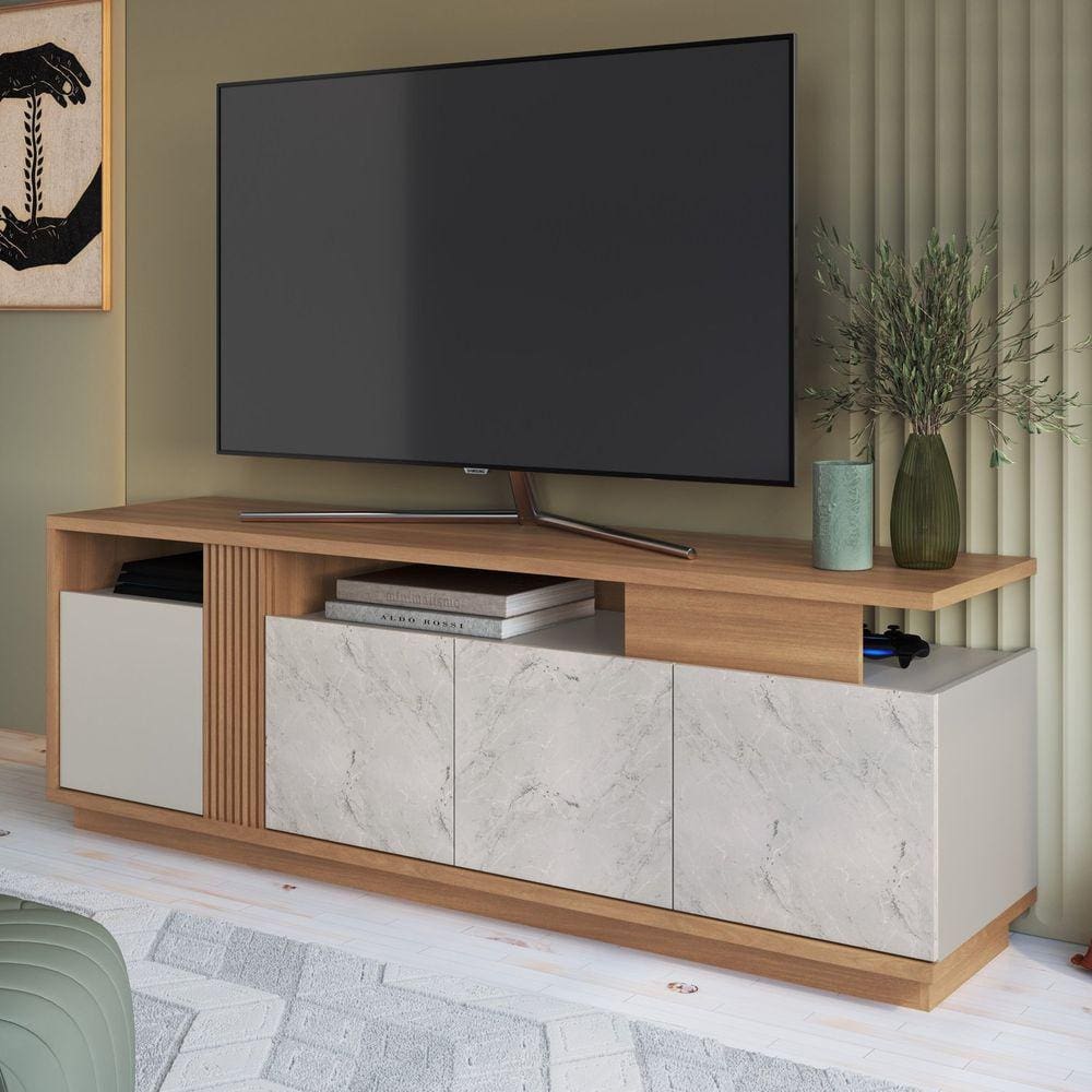 Rack para Tv de até 70 Polegadas com Detalhe Ripado e 3 Portas Marmorizadas Romaespressomóveis Freijó/Arenas/Alaska