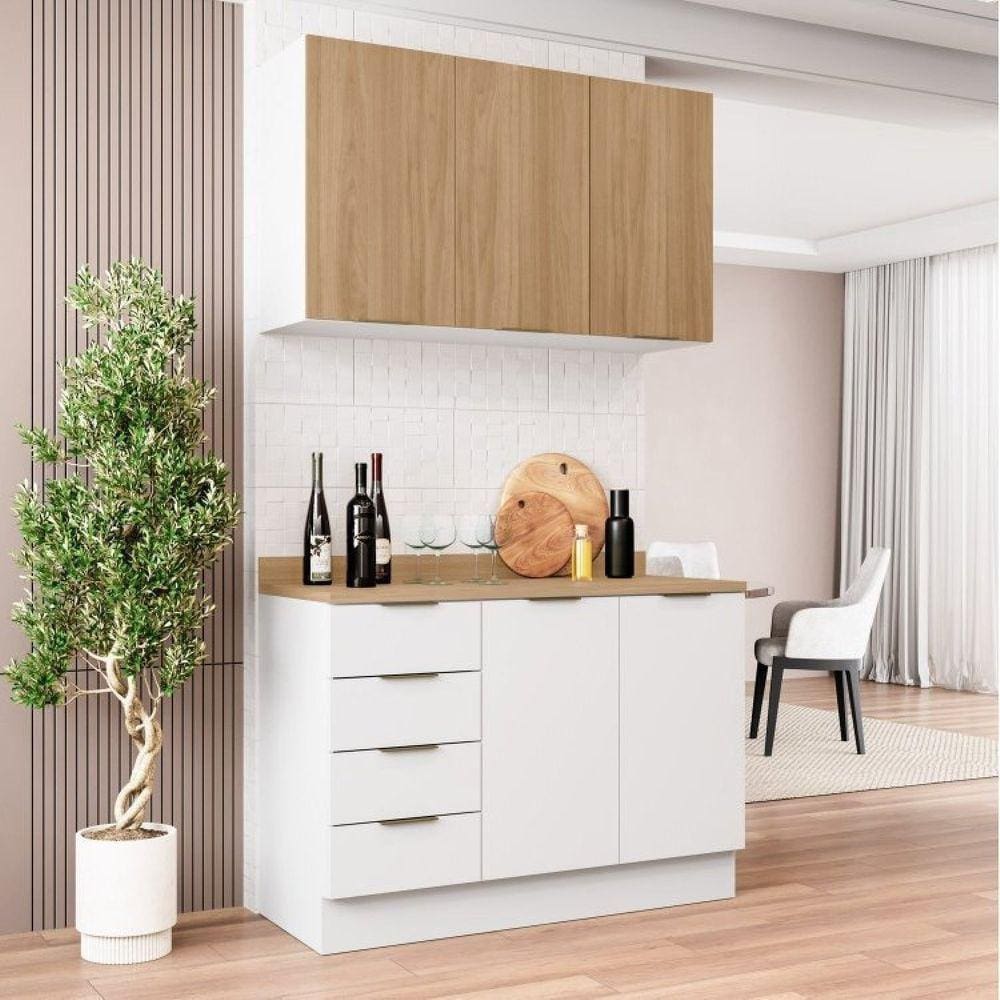Cozinha Modulada 2 Peças com Tampo 1 Aéreo 3 Portas e 1 Balcão Pia Ipanema Cabecasa Madeiramadeira Branco/Amadeirado