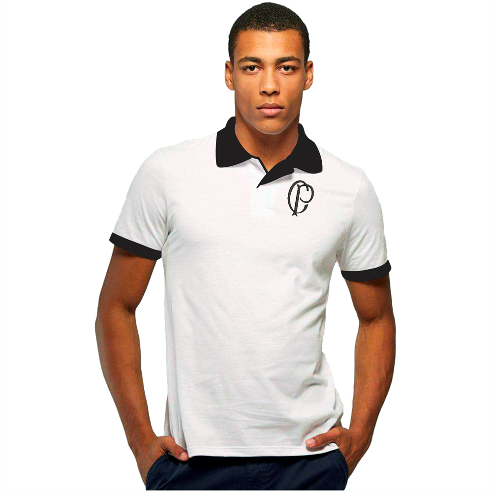 Camisa Pólo Corinthians Retrô Masculina Casual Branca Preta