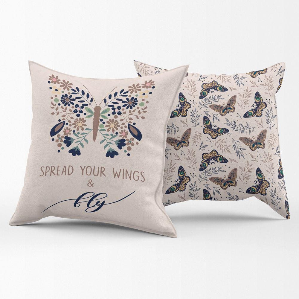 Par de Capas de Almofadas Estampadas Borboleta Azul Marinho/Caqui 45cm x 45cm - Decoração para Quarto