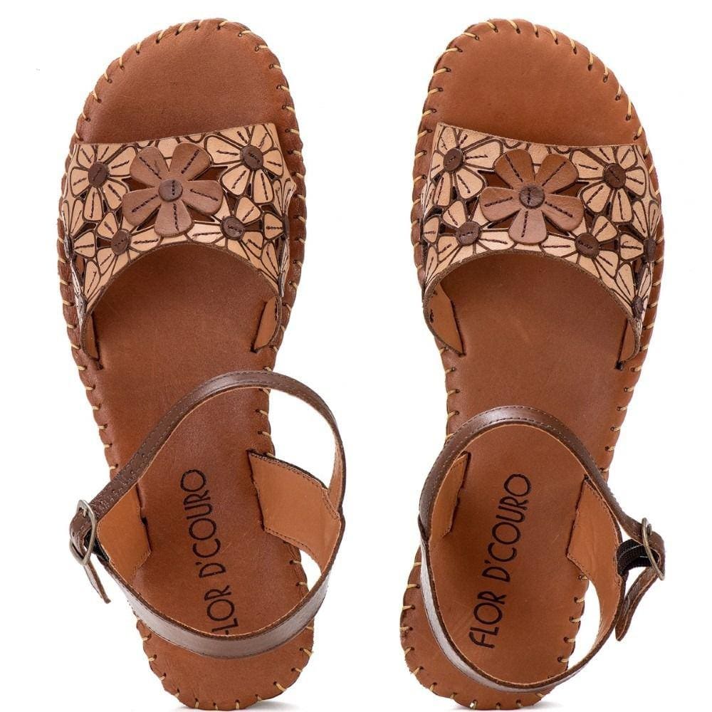 Sandalia Rasteira Conforto em Couro Desenho de Flor Feminina Para Trabalho Confortavel Macia