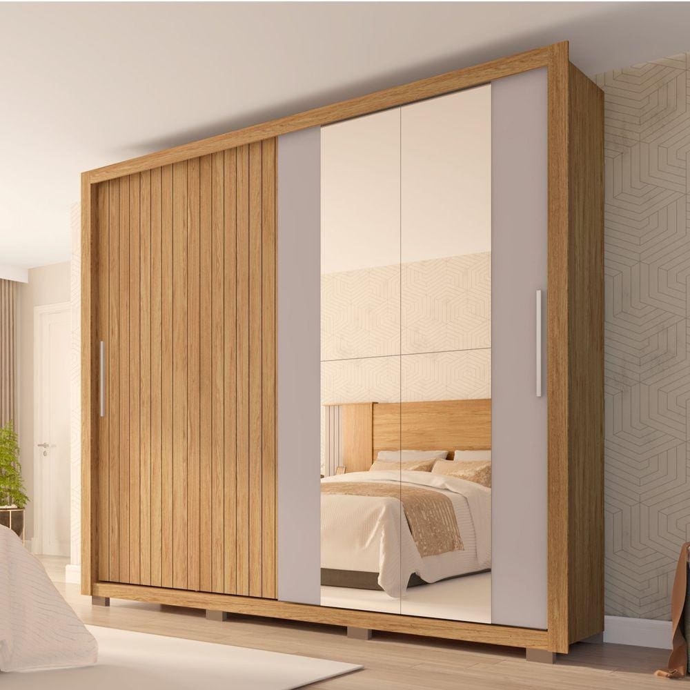 Guarda Roupa Casal com Espelho 2 Portas 4 Gavetas Suburban Gold Buriti/Cinza