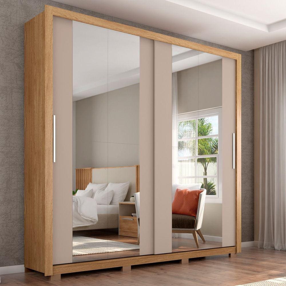 Guarda Roupa com Espelho 2 Portas 4 Gavetas Suburban Gold Buriti/Cinza