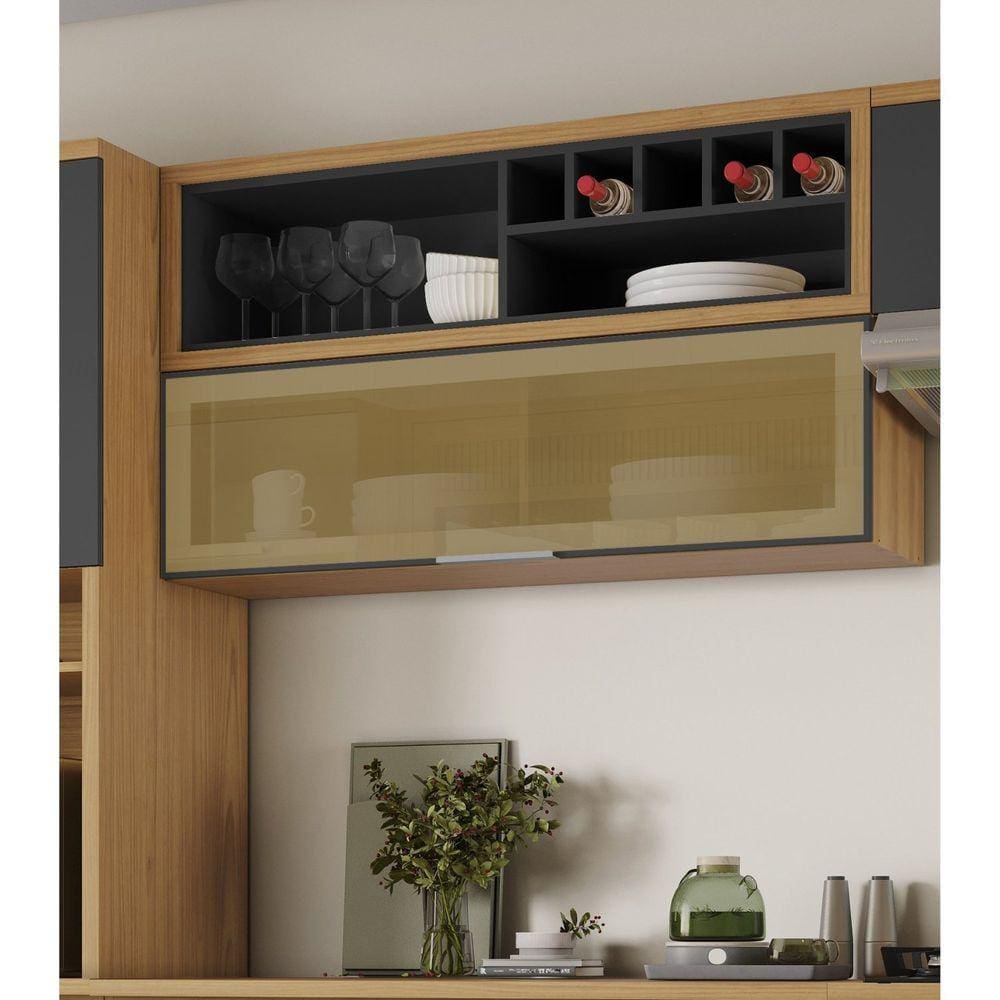 Armário Aéreo de Cozinha 120cm 1 Porta Horizonal Vidro Reflecta e Nicho Garrafeiro New Porto Mdf Freijó/Grafite