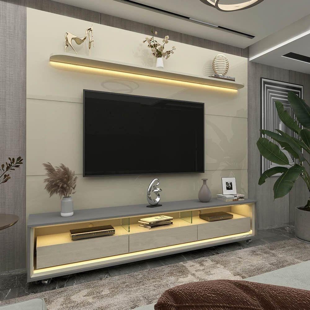 Rack com Painel para Tv até 85 Polegadas Led 3 Gavetas com Rodízios 220cm Royal/requinte Off White/Cinza-Off White