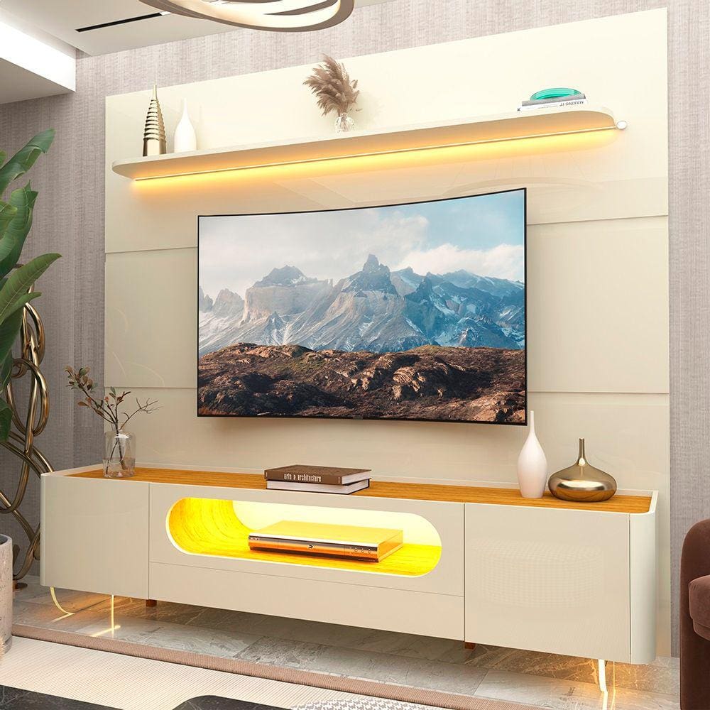 Painel e Rack com LED Pés Vidro Royal Nobre Off White Naturale - Gelius