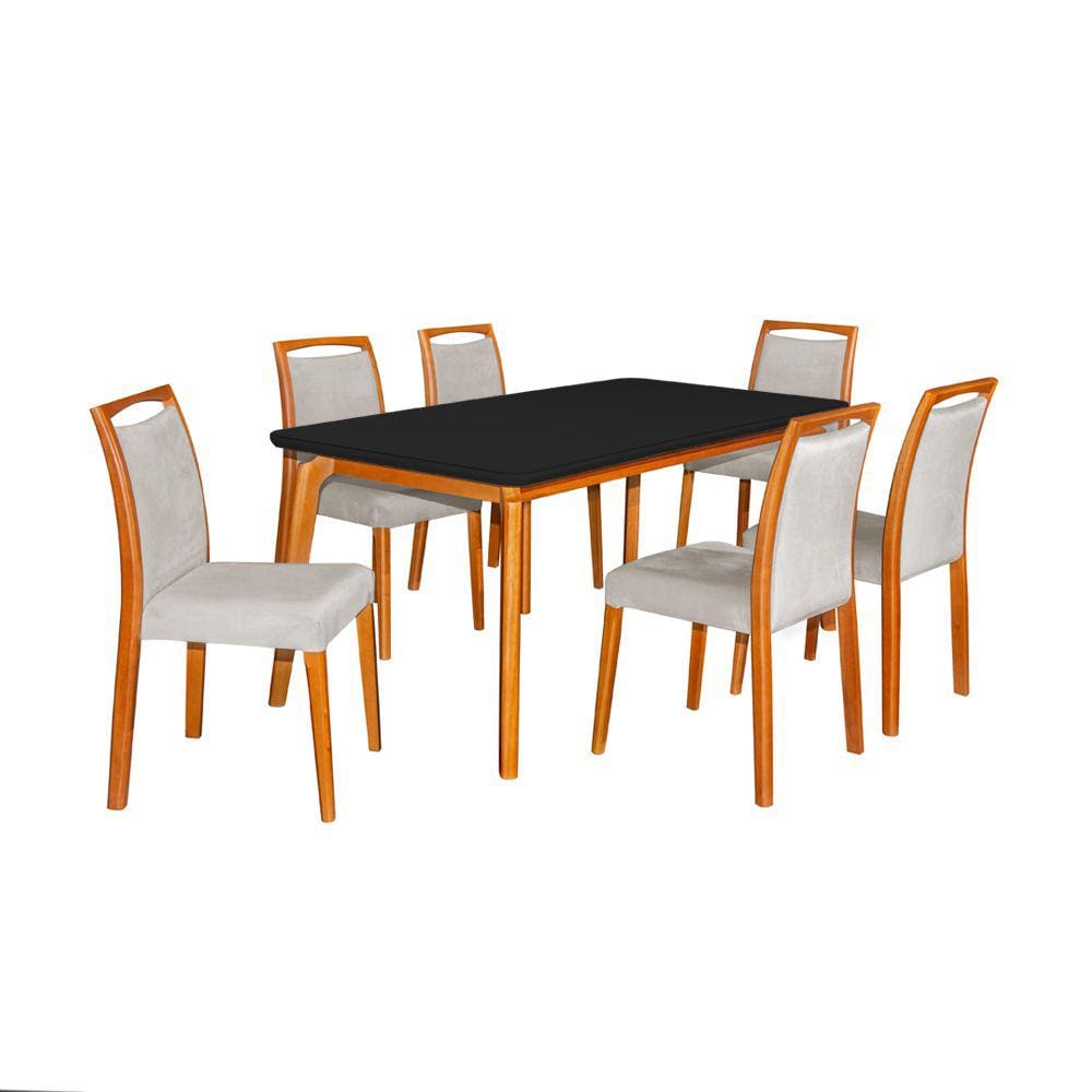 Mesa Jantar Jade 160X90cm Preto Com 6 Cadeiras Estofadas Linho Bege Base Madeira Maciça