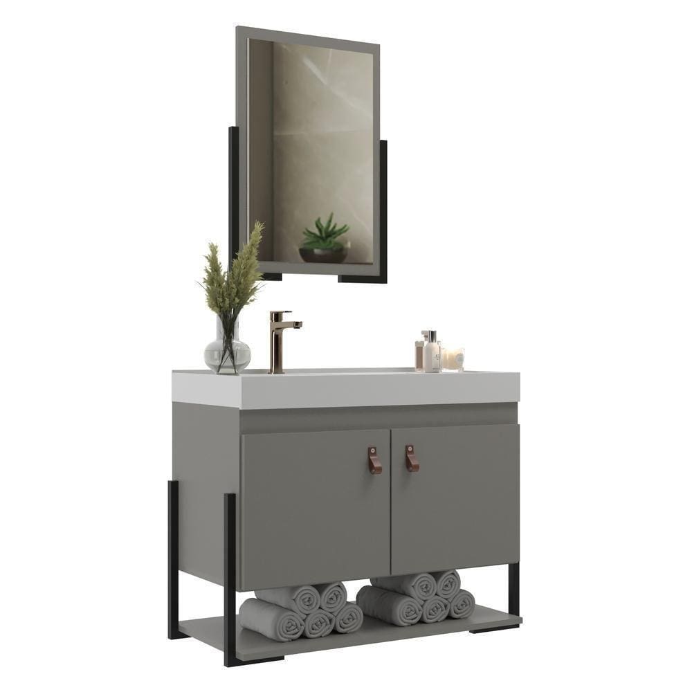 Gabinete Banheiro 60cm 2 Portas Com Cuba E Espelheira Multimóveis Cr10105 Cimento Cimento