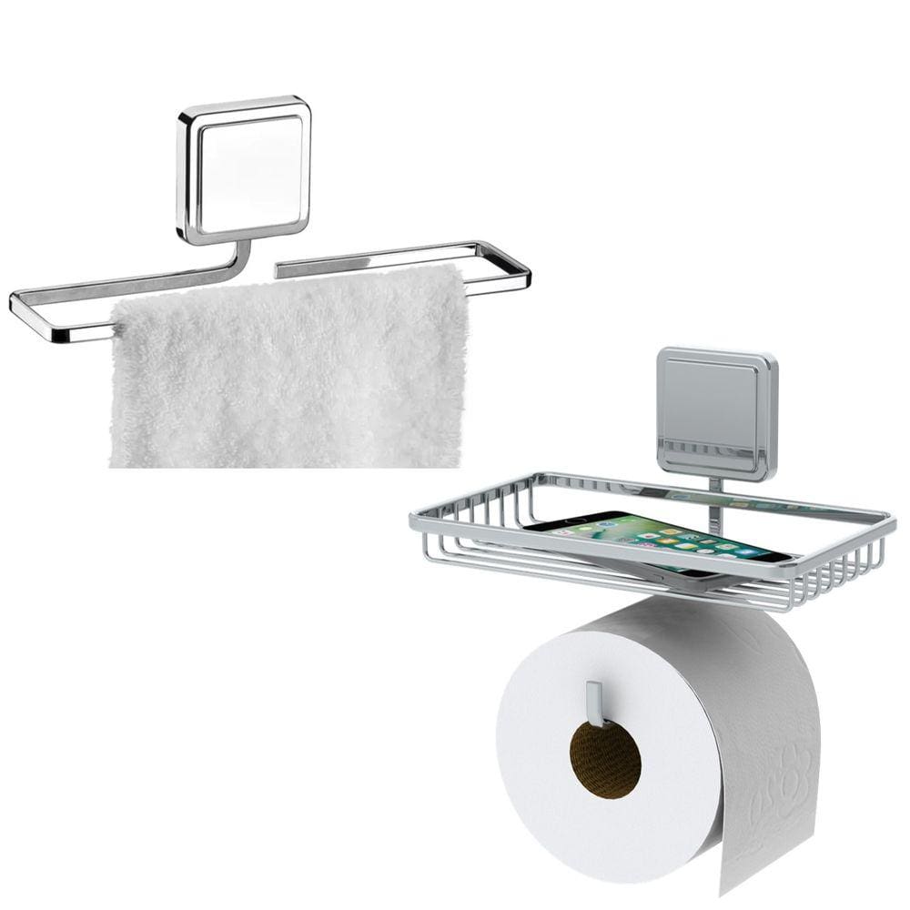 Kit Suporte Toalheiro 25cm Porta Papel Higiênico e Objetos Adesivo De Banheiro Cromado - Future