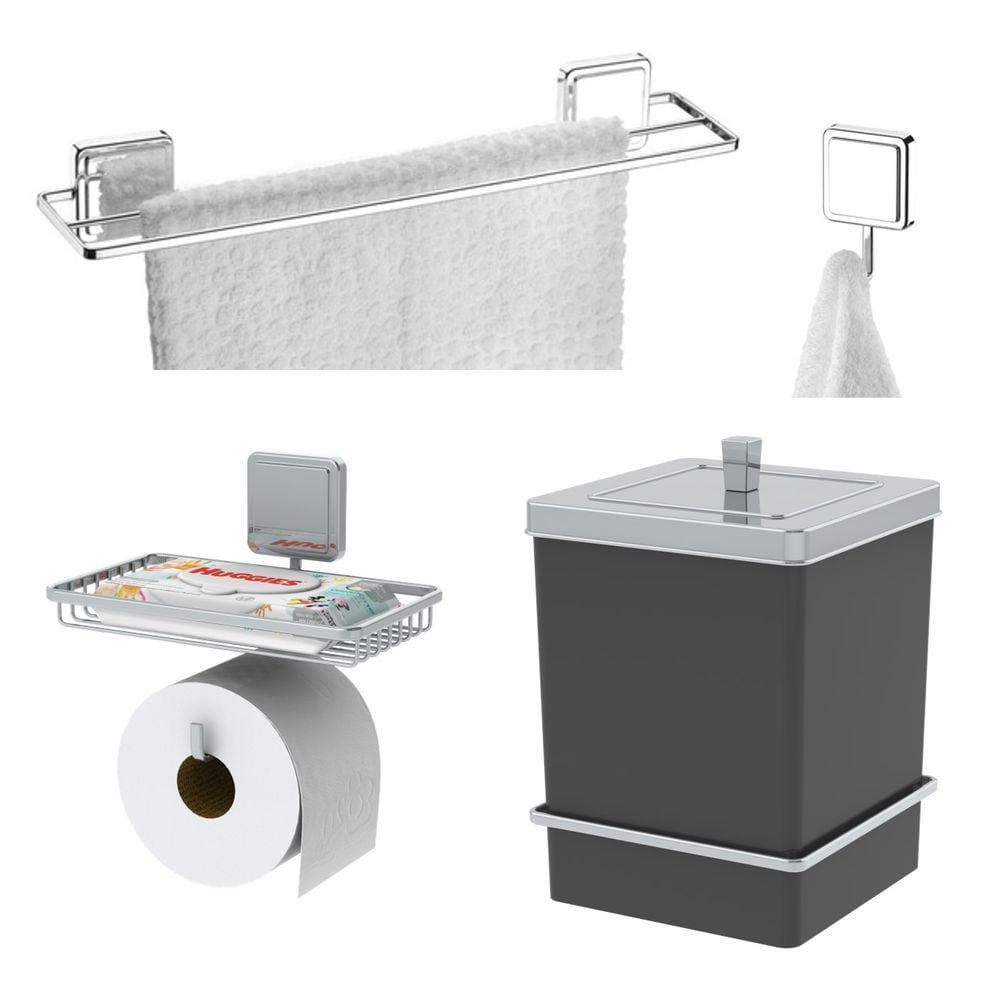Kit Porta Papel Higiênico Toalheiro 45cm Gancho Lixeira 6,5L Com Suporte Adesivo Preto Cromado - Future