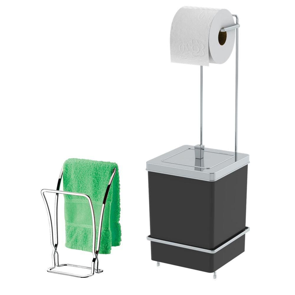 Kit Toalheiro Duplo De Bancada Suporte Papel Higiênico Com Lixeira 6,5L Preto Cromado - Future