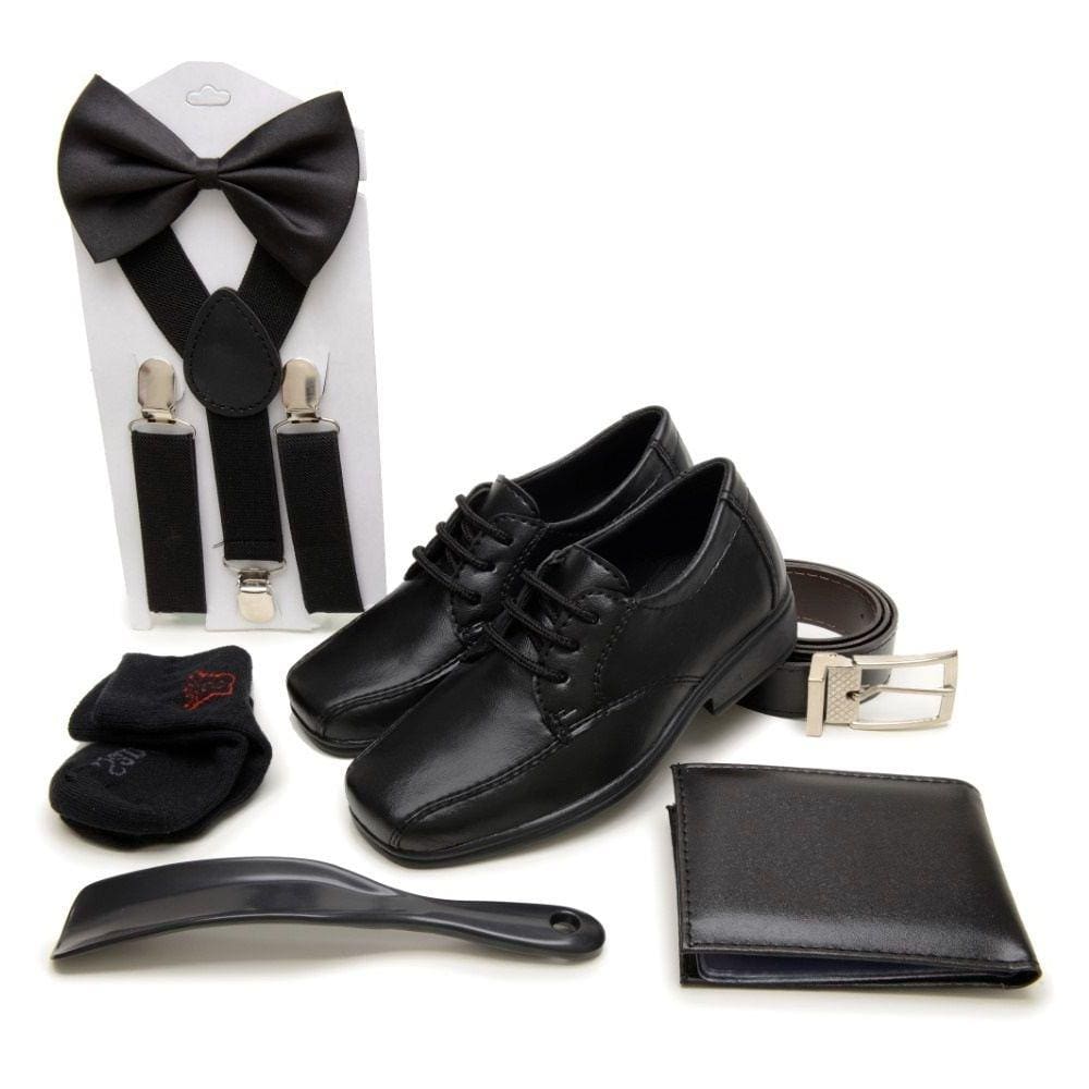 Kit Sapato Social Infantil Suspensorio Gravata Cinto Carteira Calçadeira Meia Pajem Casamento