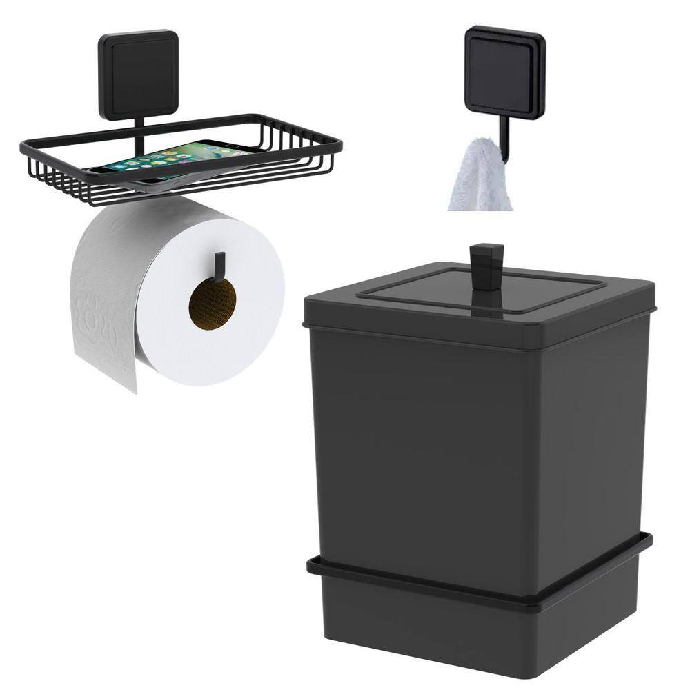 Kit Lixeira 6,5L Quadrada Com Suporte Porta Papel Higiênico Gancho Multiuso Adesivo Preto Fosco - Future